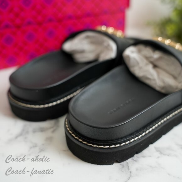 NIB Tory Burch Everly Anatomic Lug Nappa Leather Slide Sandal in Black - Picture 2 of 9